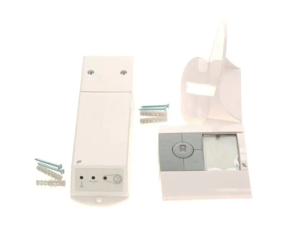 Bosch Funkregler-Set mit zwei separaten Komponenten, Schrauben und Dübel. Enthält eine Steuerungseinheit und eine Montagehalterung.